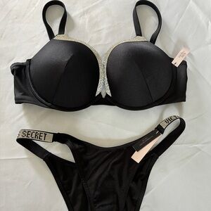 New 2pc Victoria's Secret Swimwear 38D Black Bling Logo Shine Strap Bikini NWT